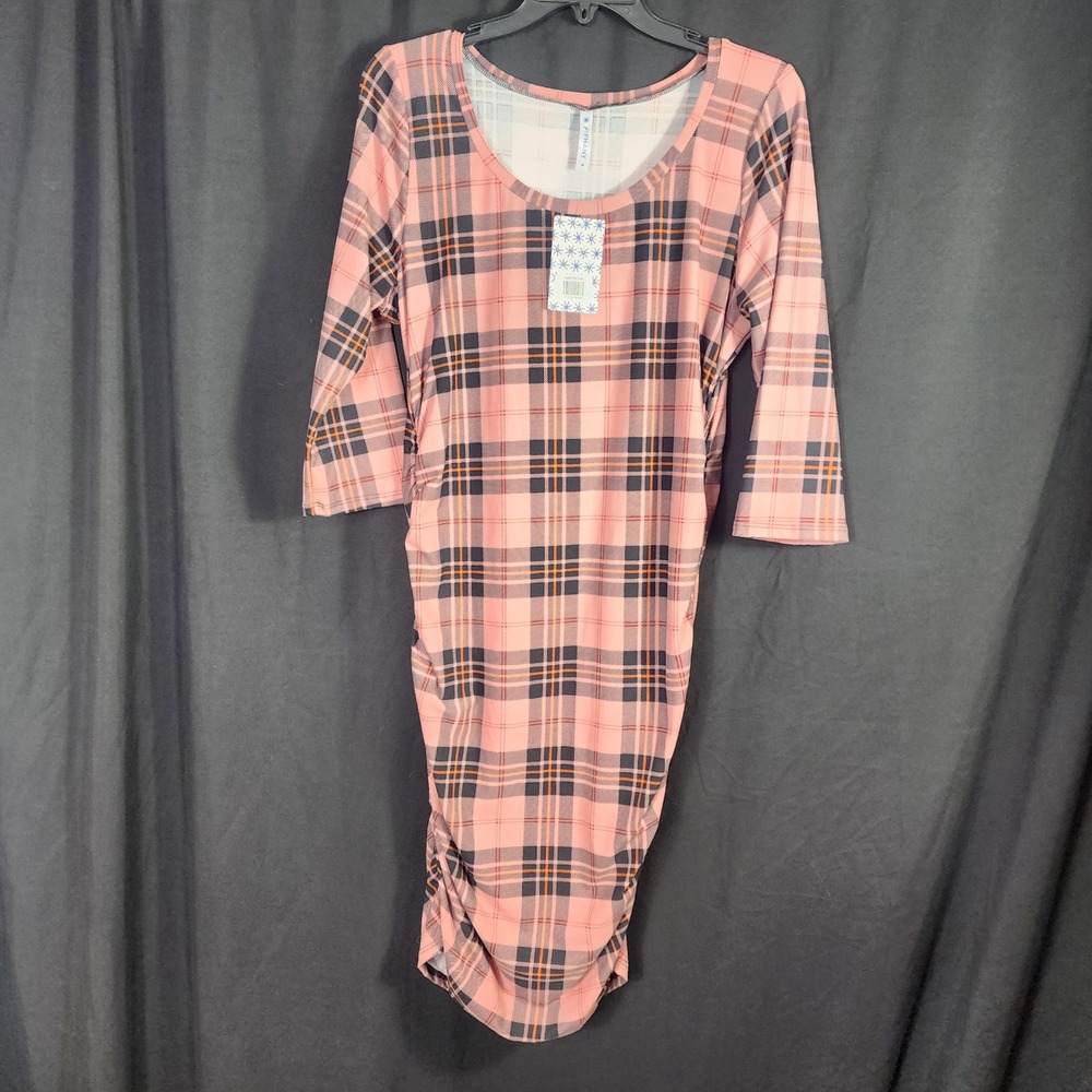 Piphany Amsterdam Pink Plaid Ruched Midi Dress M‎ Ruched Stretchy